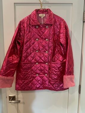 Flora Bea NYC - XL Pink Quilted Metallic Coat with Faux Fur Cuffs NWT